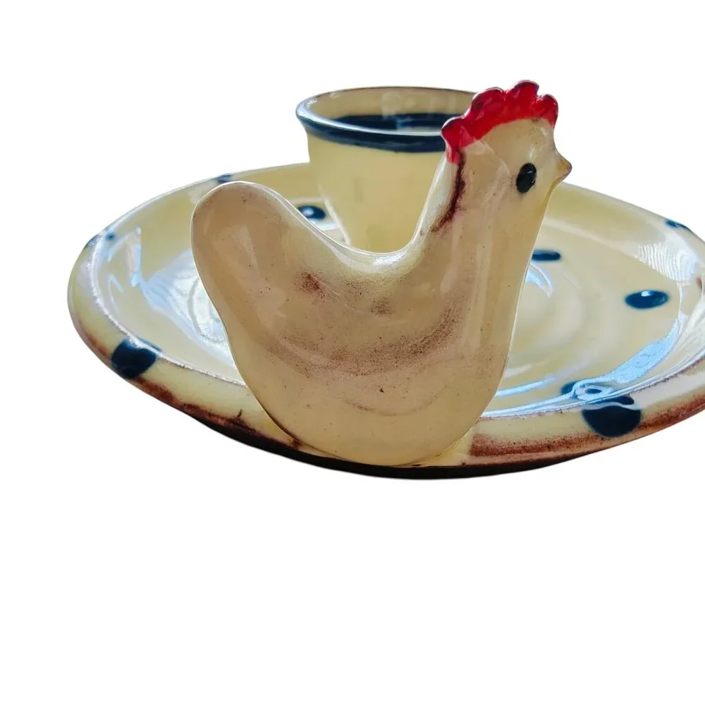 Studio Pottery Handmade Egg Cup Polka Dot Chicken Rustic Farmhouse Cottagecore
